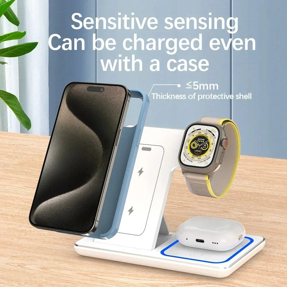 3 in 1 Wireless Charger Stand 30W LED Foldable Wireless Charger For iPhone 16 15 Pro Max iWatch 8 7 Airpods Charge Dock Station